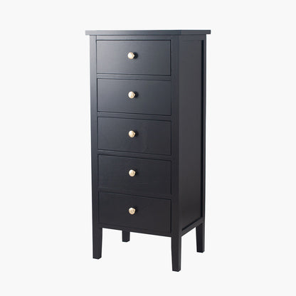 Chelmsford Satin Black Pine Wood 5 Drawer Tall Unit