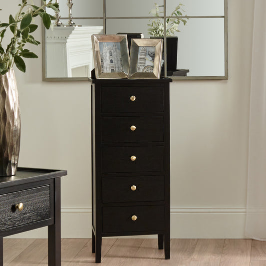 Chelmsford Satin Black Pine Wood 5 Drawer Tall Unit