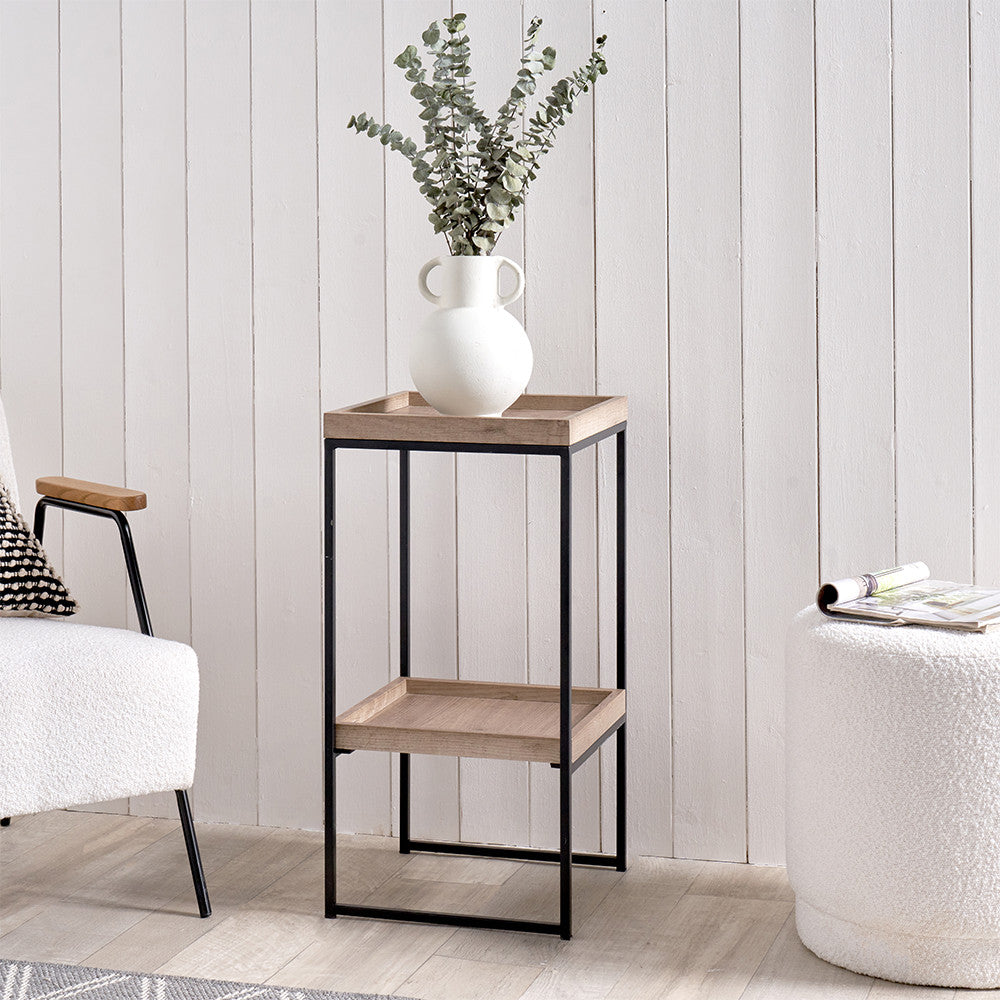 Gallery Natural Wood Veneer and Black Metal Side Table