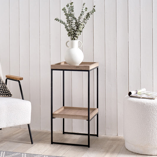 Gallery Natural Wood Veneer and Black Metal Side Table