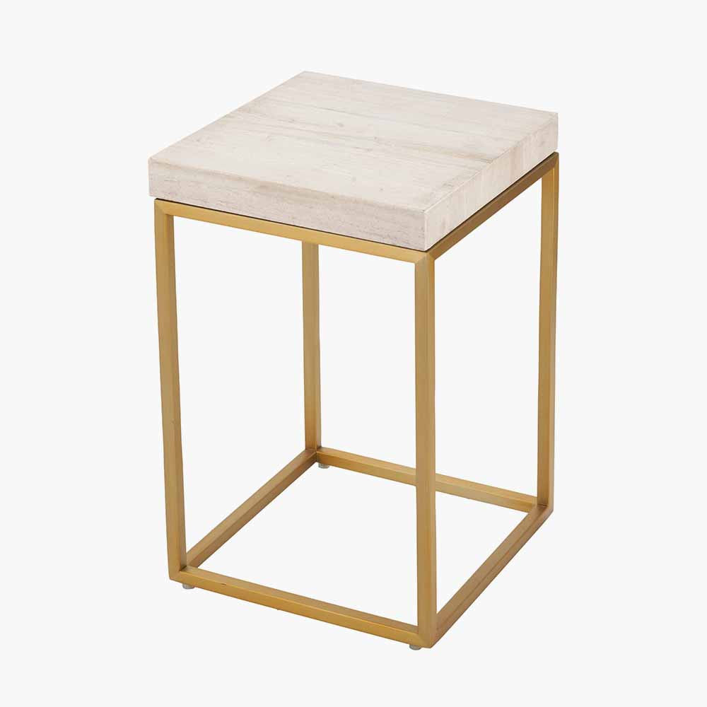 Madison Beige Granite and Burnished Gold Metal Square Side Table