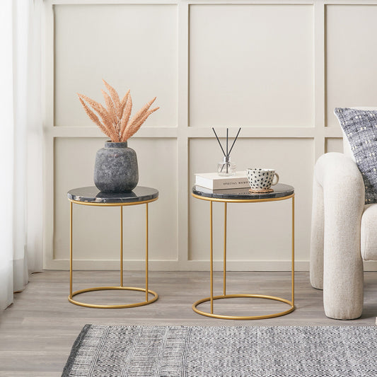 Milly S/2 Black Marble and Gold Metal Side Tables