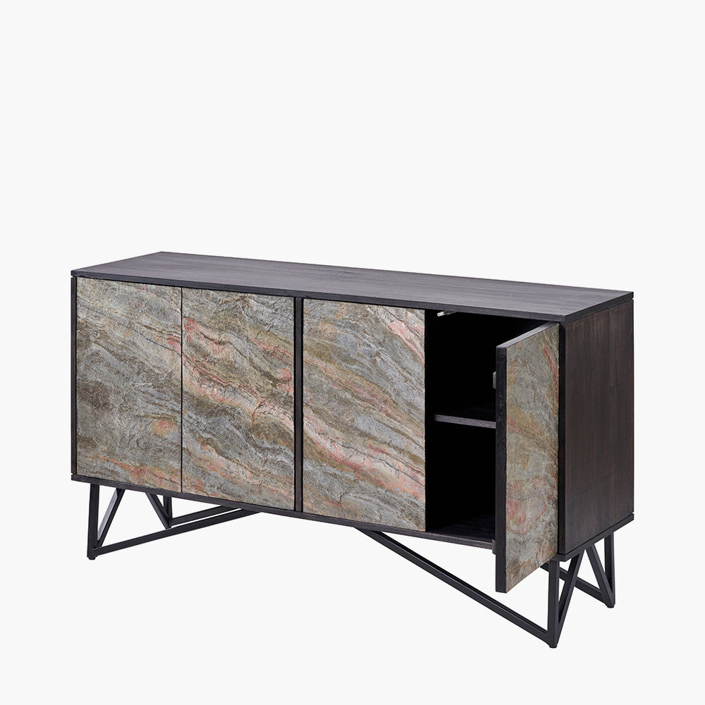 Verde Black Mango Wood and Stone Veneer 4 Door Sideboard