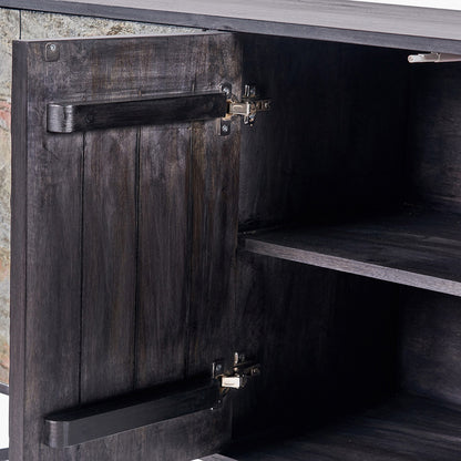 Verde Black Mango Wood and Stone Veneer 4 Door Sideboard