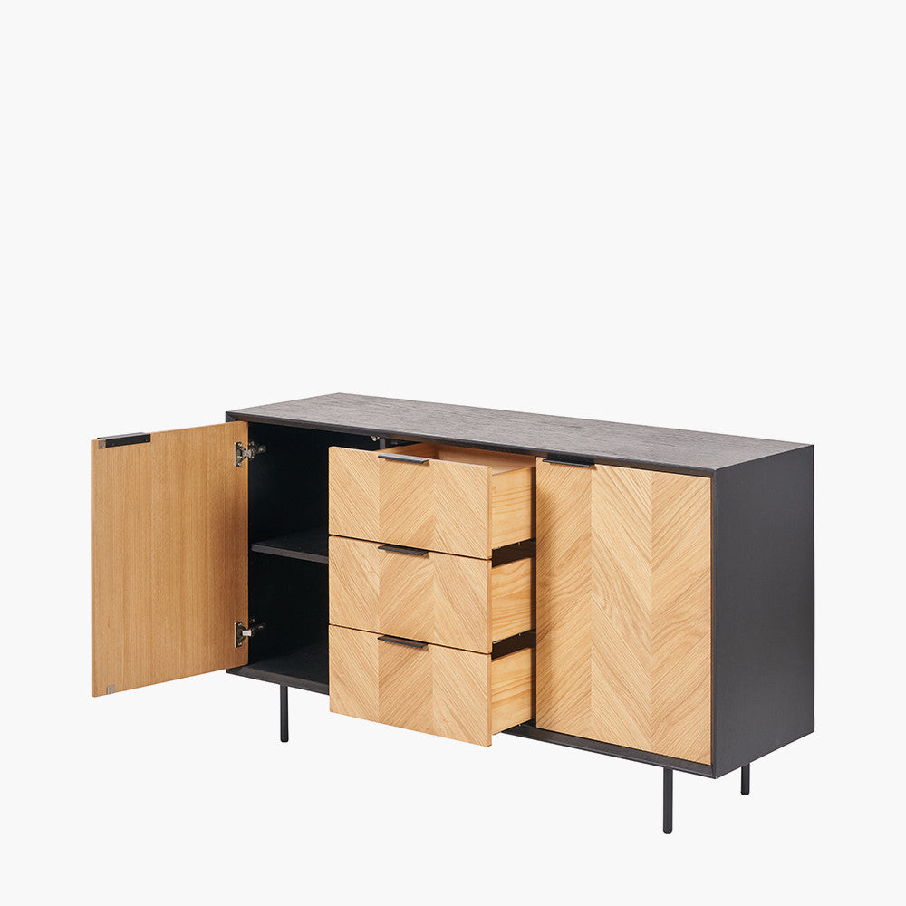 Hailee Black and Natural Chevron Oak and Pine Wood 2 Door 3 Drawer Sideboard